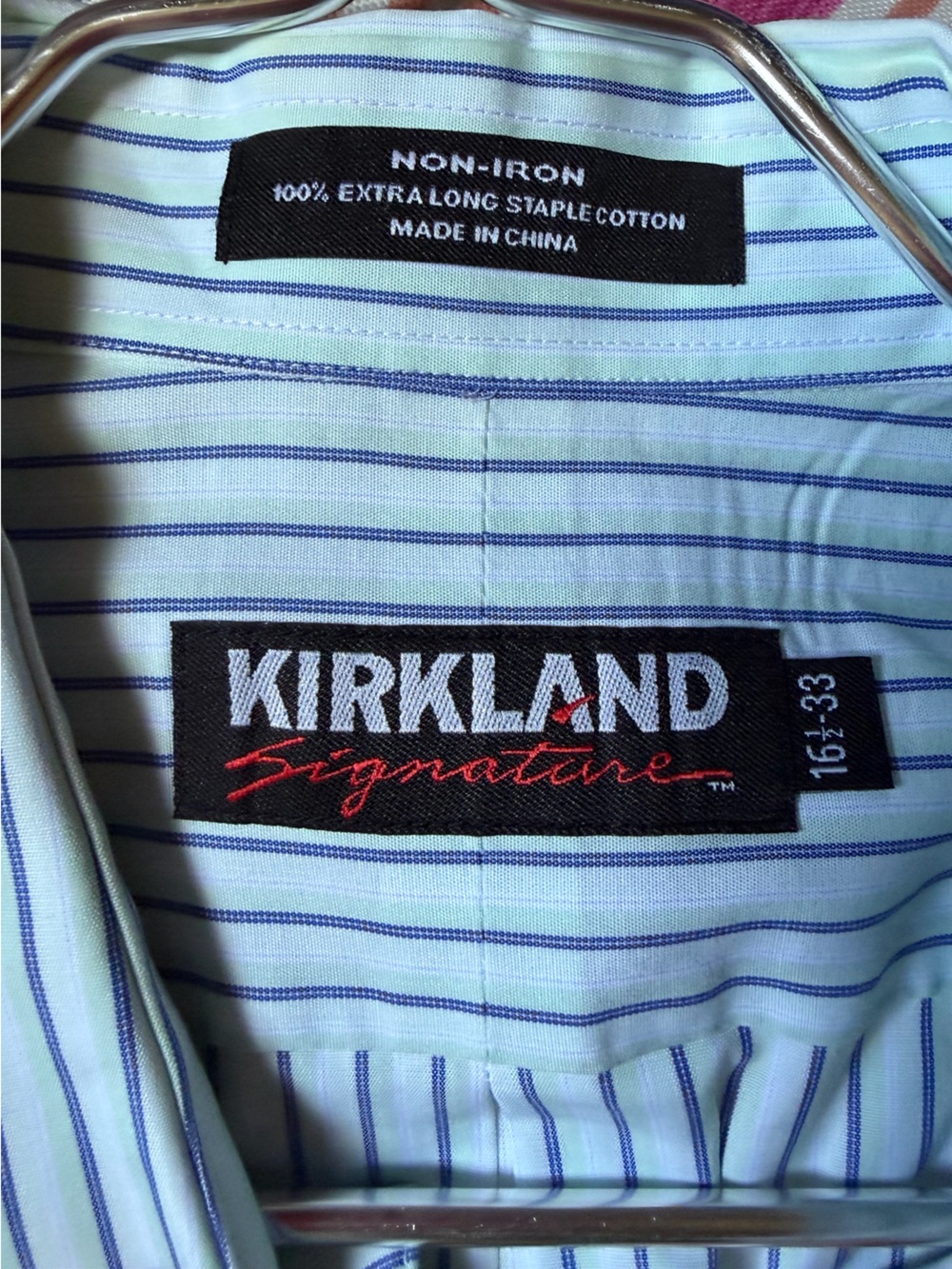 Kirkland Signature Light Blue Dress Shirt with Navy Pinstripes